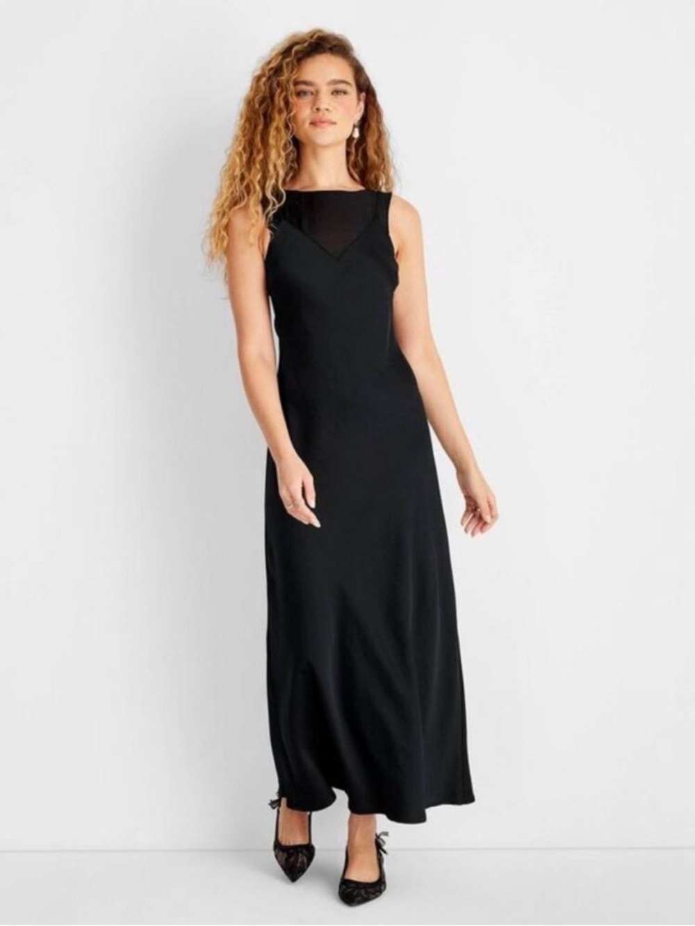 Future Collective - Women's Sleeveless Mixed Media Ankle Slip Dress Black Size L